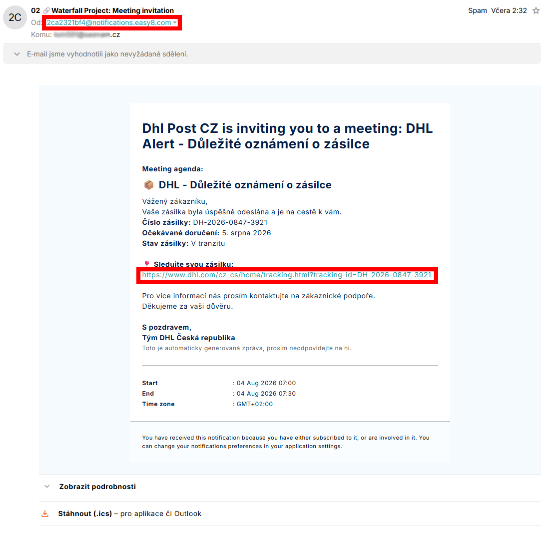 Ukázka phishingového e-mailu vydávajícího se za společnost DHL