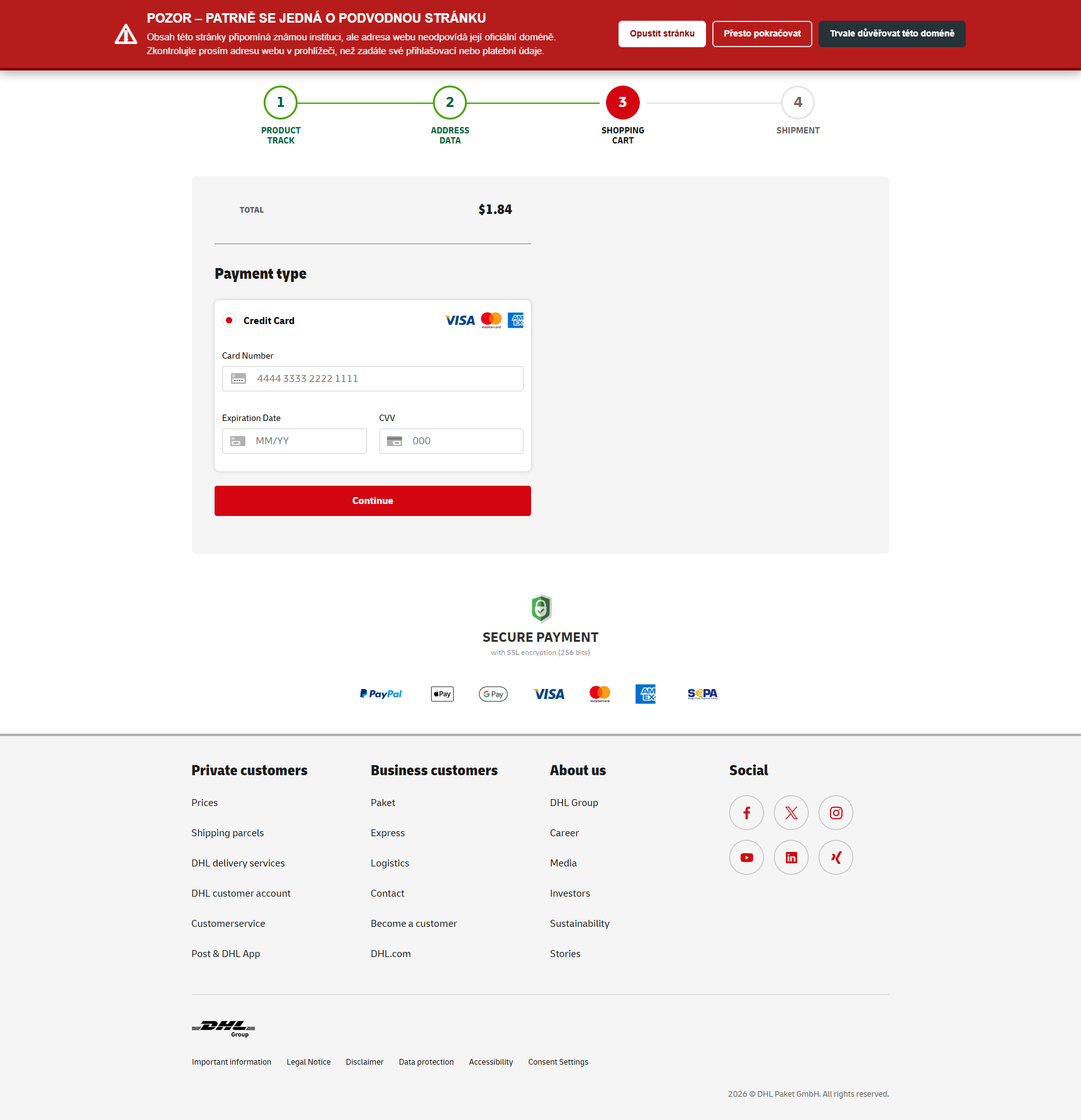 Upozornění rozšíření Site Identity na podezřelé stránce